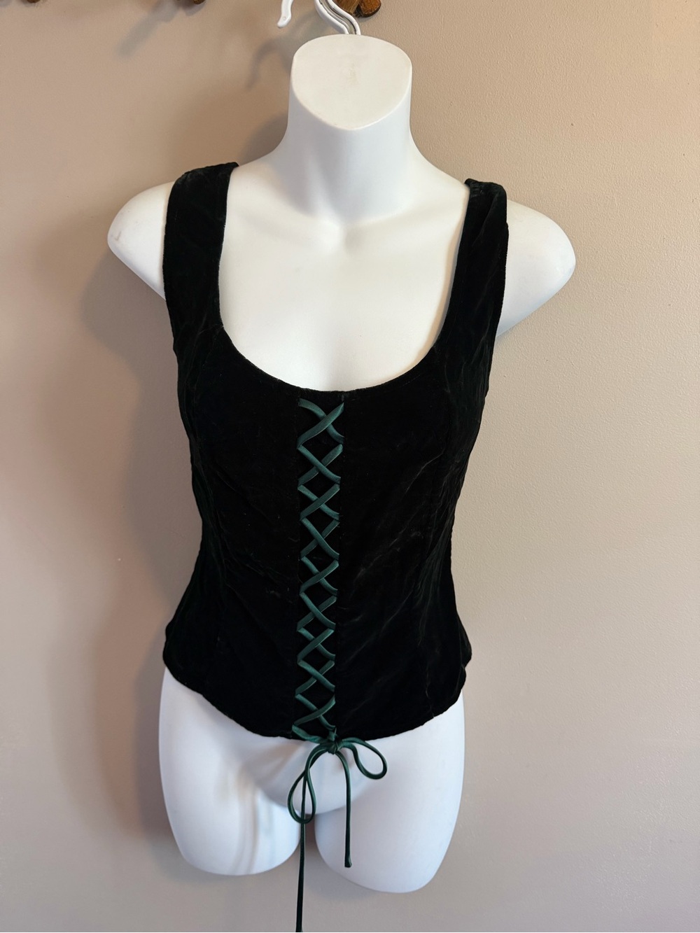 Vintage La Senza Lingerie Dark Green Velvet Lace Up Corset Vest Medium